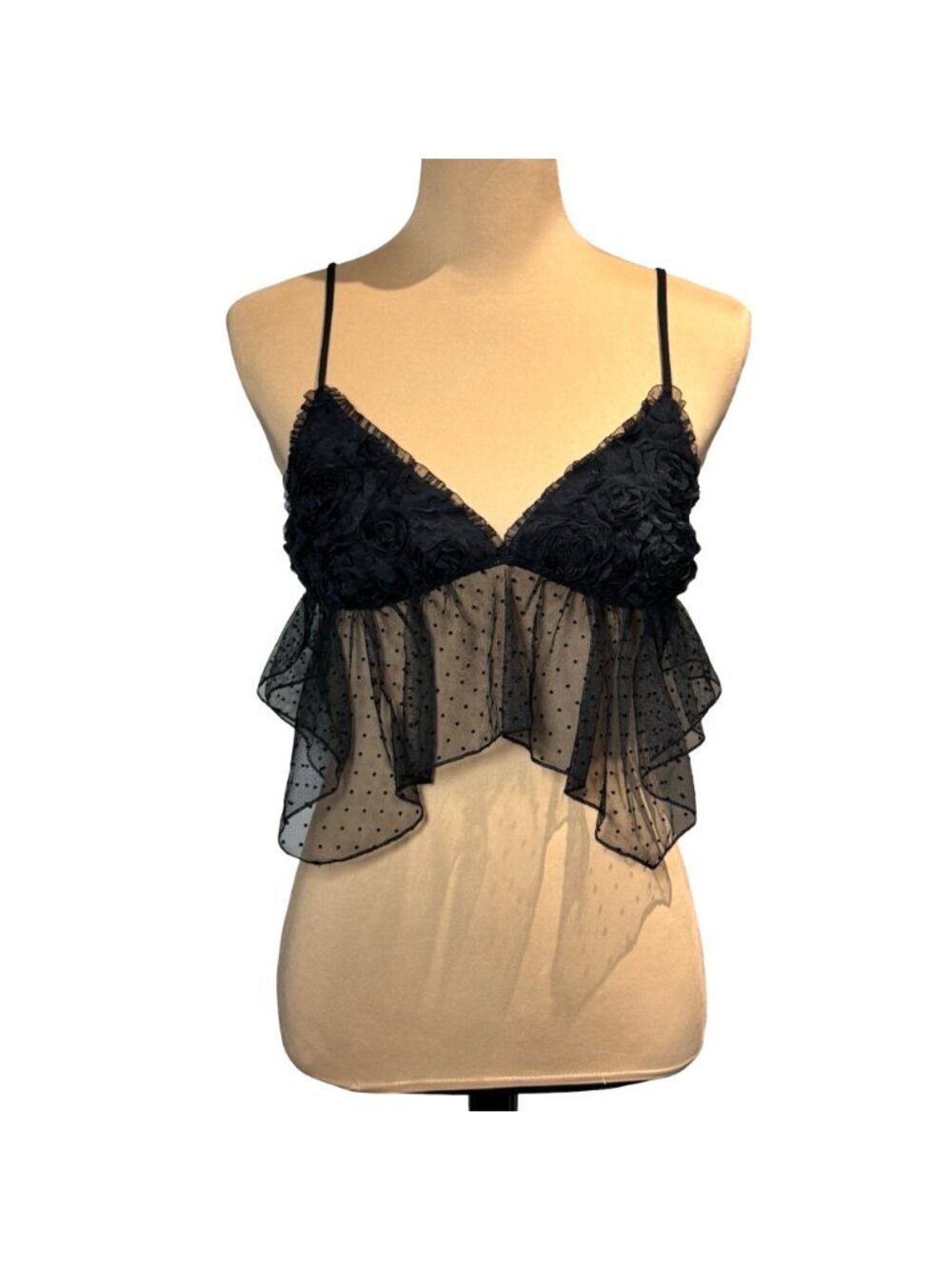 NEW Kimchi Blue Black Lace Asymmetric Babydoll Crop Top Sz S 3D Flower Ethereal - Picture 3 of 15